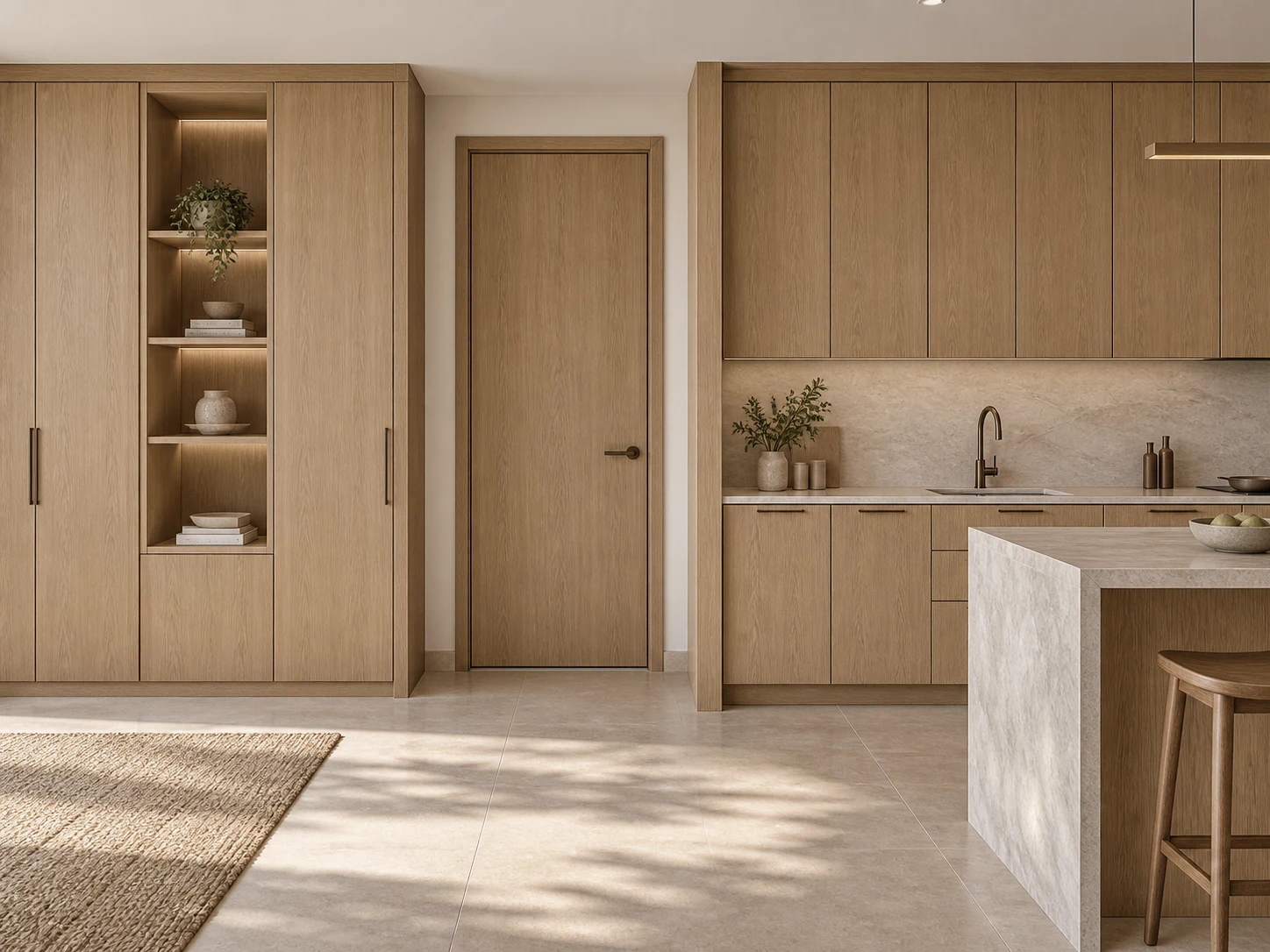 Design concept combining a wood interior door, kitchen cabinetry and fitted storage in matching oak