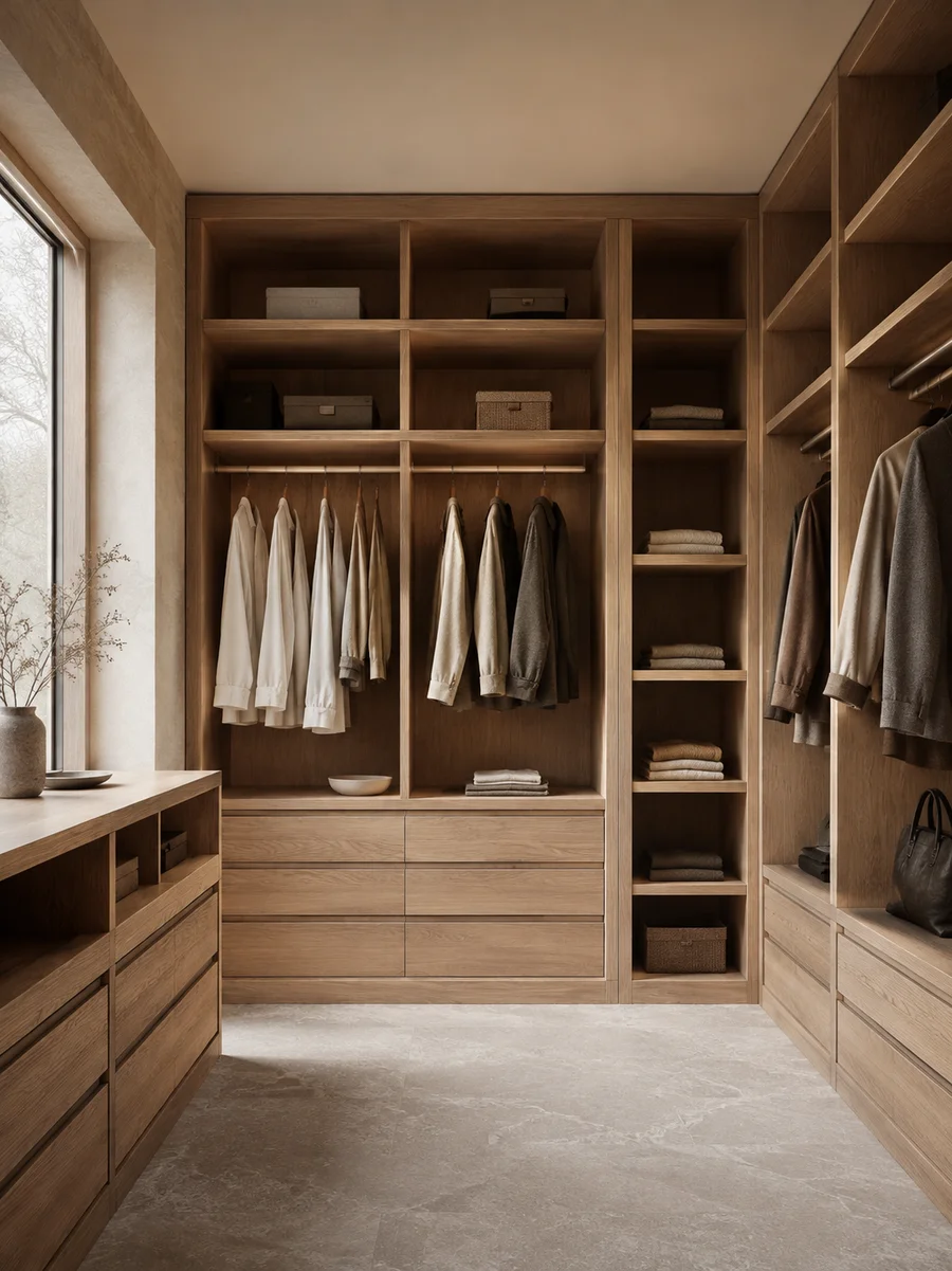 Walk-in wardrobe design study with oak shelving, hanging rails and drawers