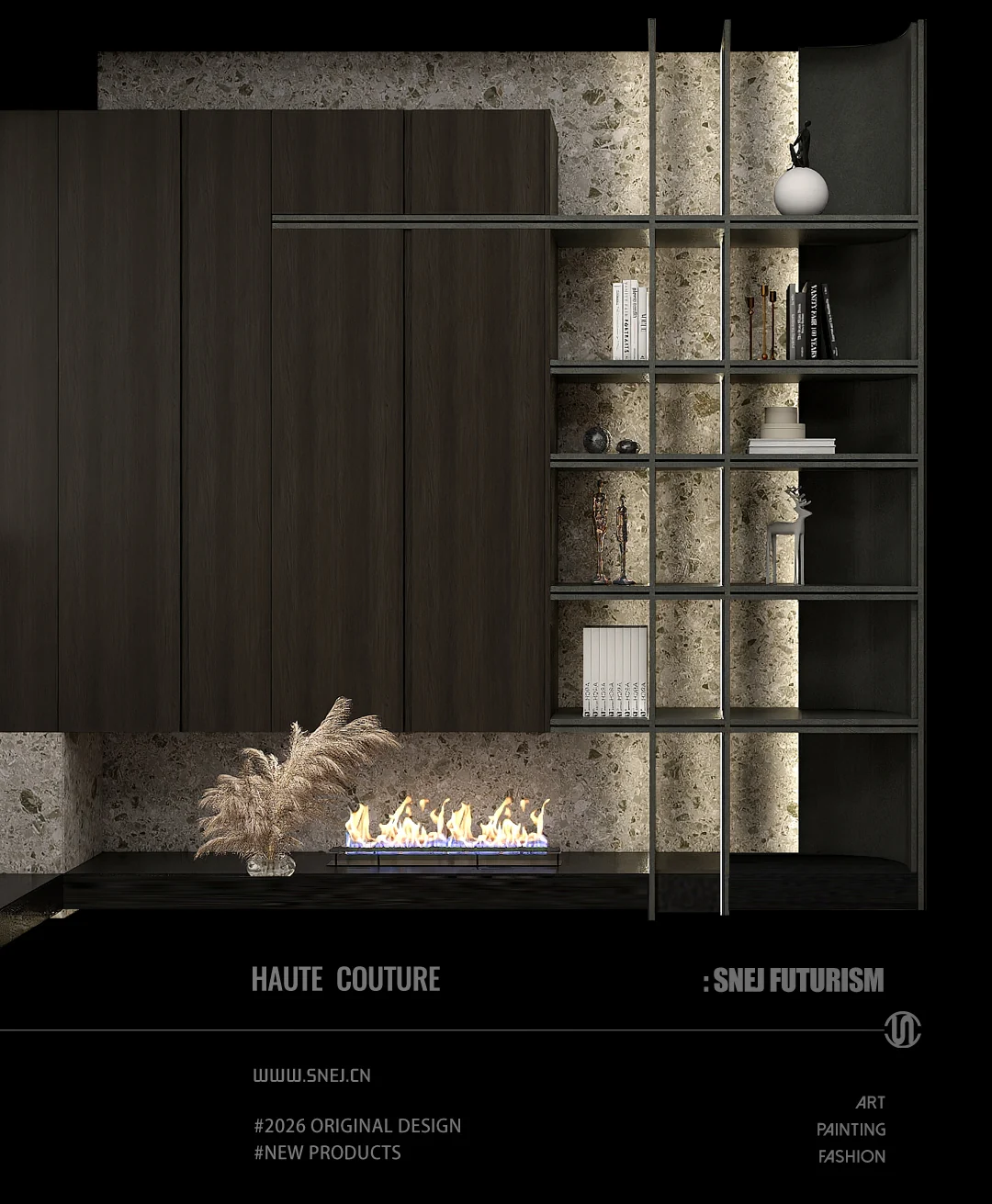 Dark wood wall cabinetry and open shelves with contrasting stone surfaces.