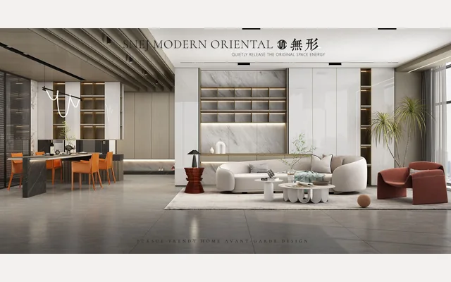 Modern Oriental interior design with integrated wall cabinetry and shelving.