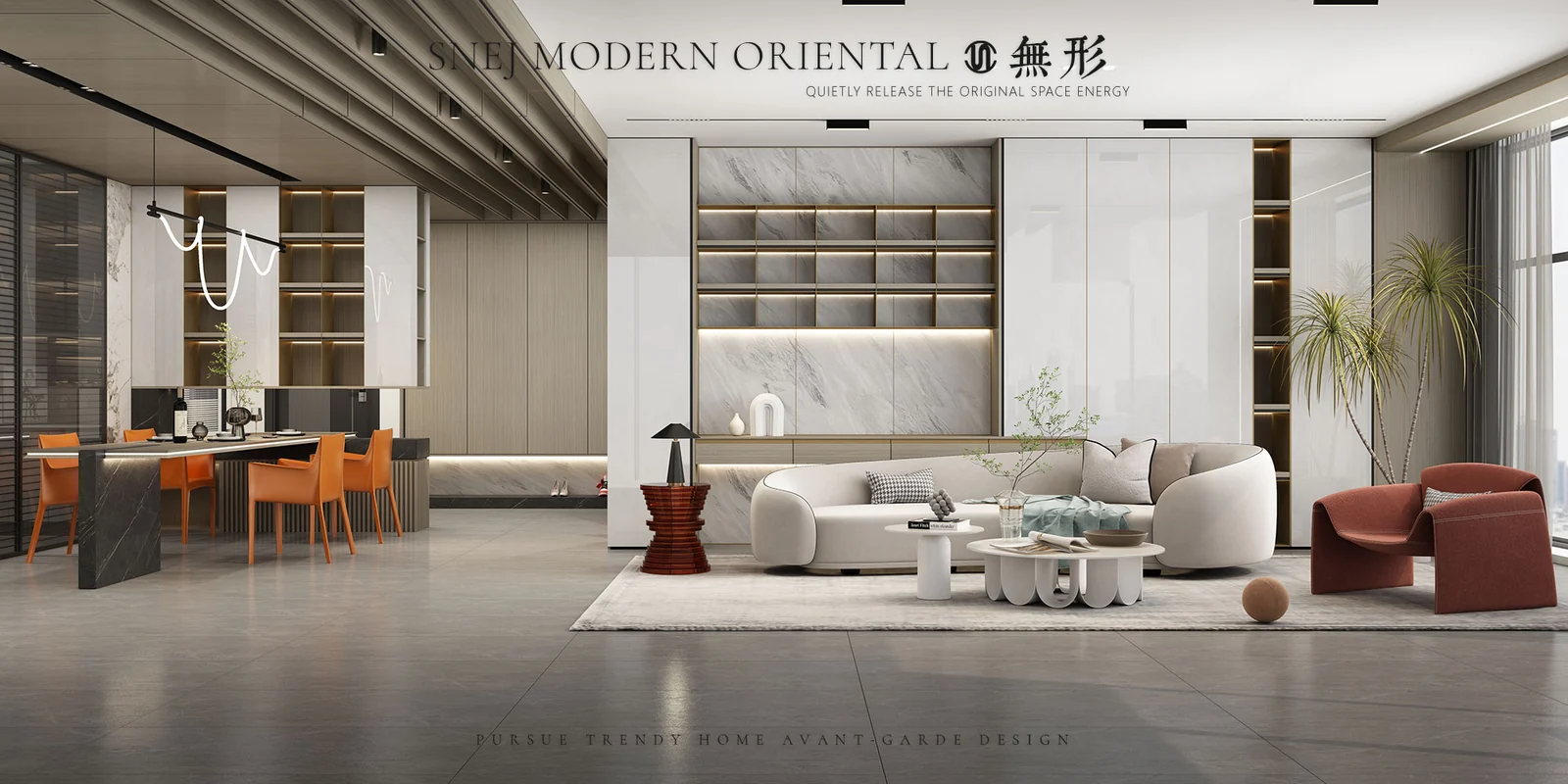 SNEJ Modern Oriental design presentation with coordinated wall panels, storage and living spaces