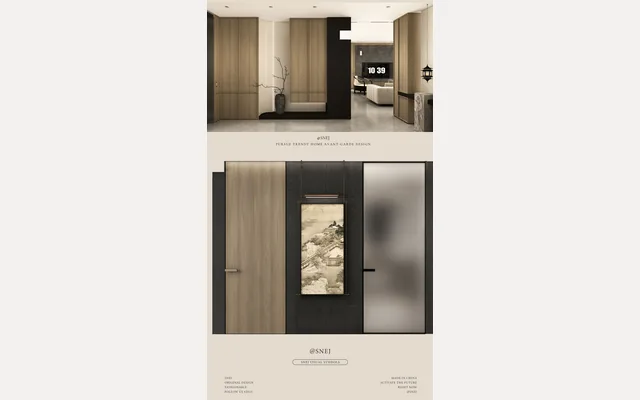 Warm wood interior concept with fluted panels, concealed doors and a landscape artwork.