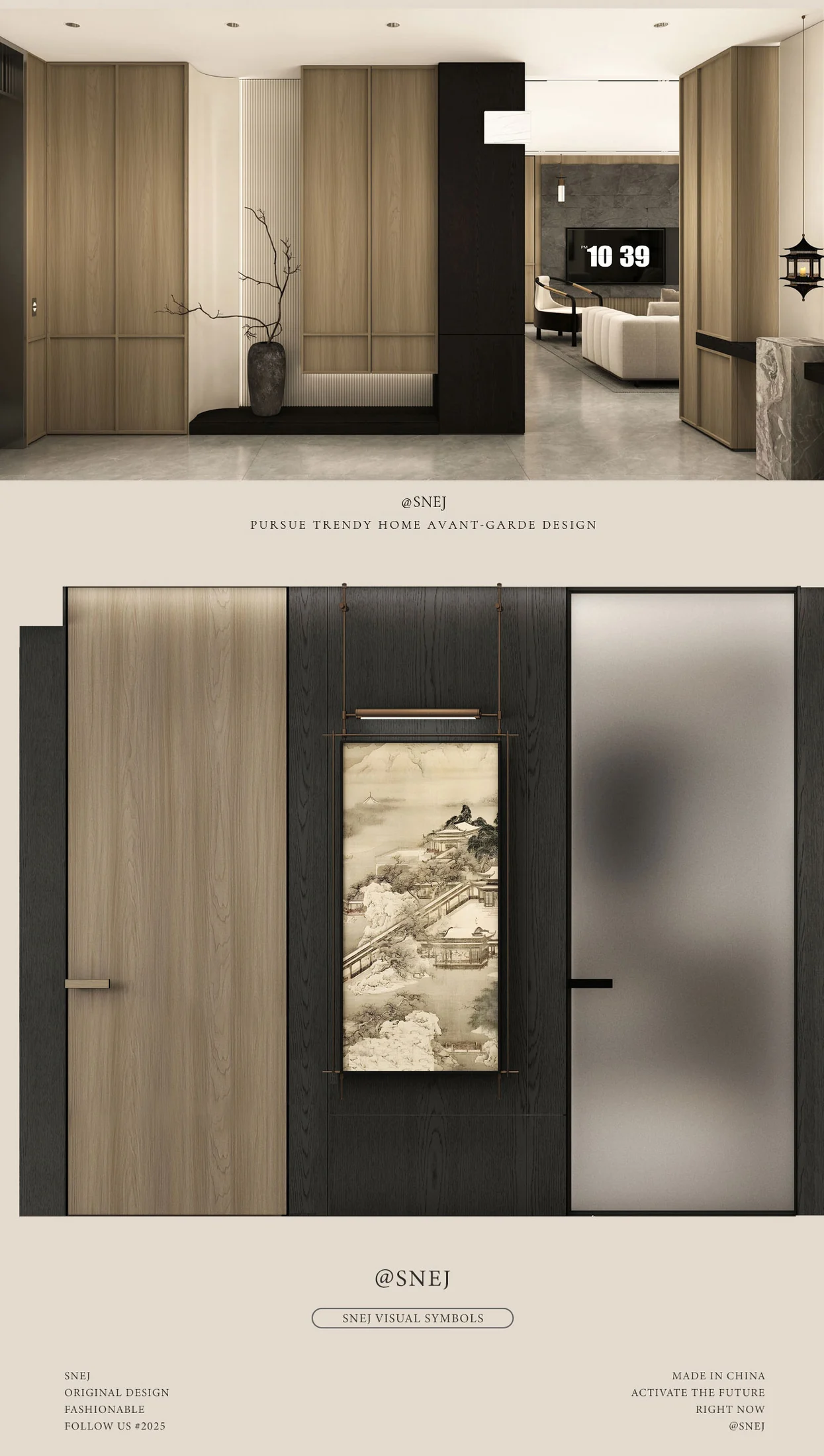 Warm wood interior concept with fluted panels, concealed doors and a landscape artwork.