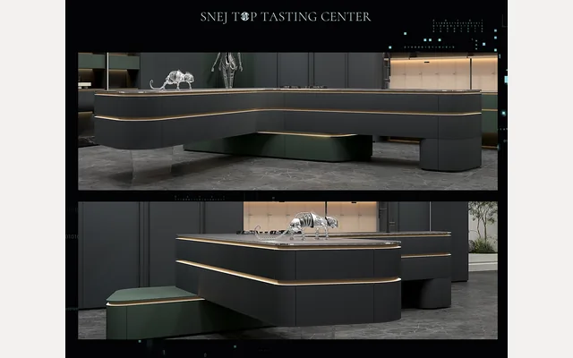 Two views of a dark curved island with integrated lighting in the SNEJ TOP presentation.