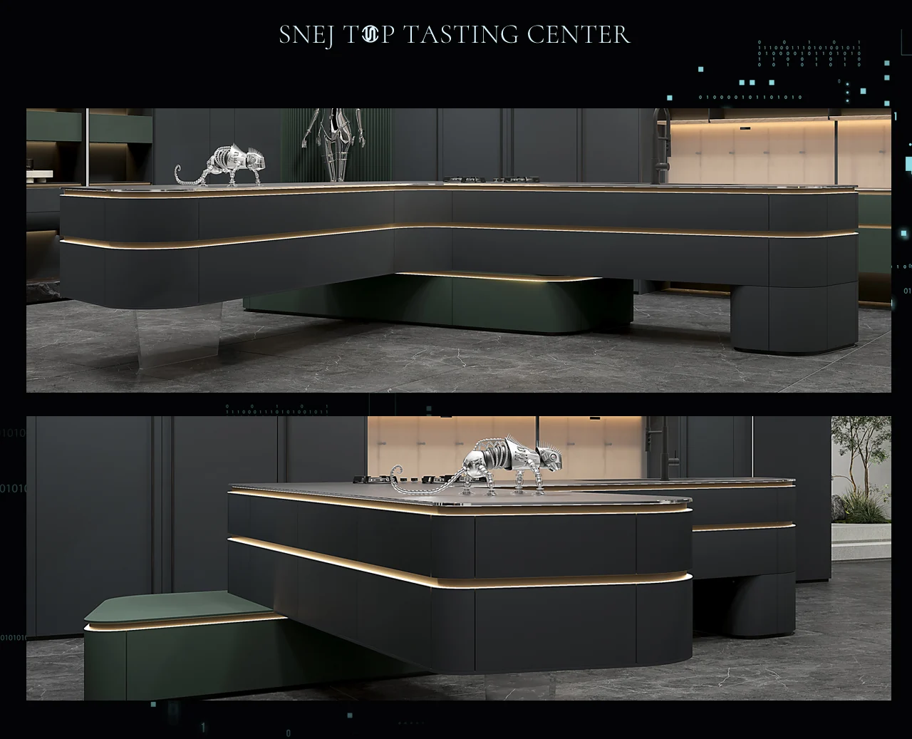 Two views of a dark curved island with integrated lighting in the SNEJ TOP presentation.