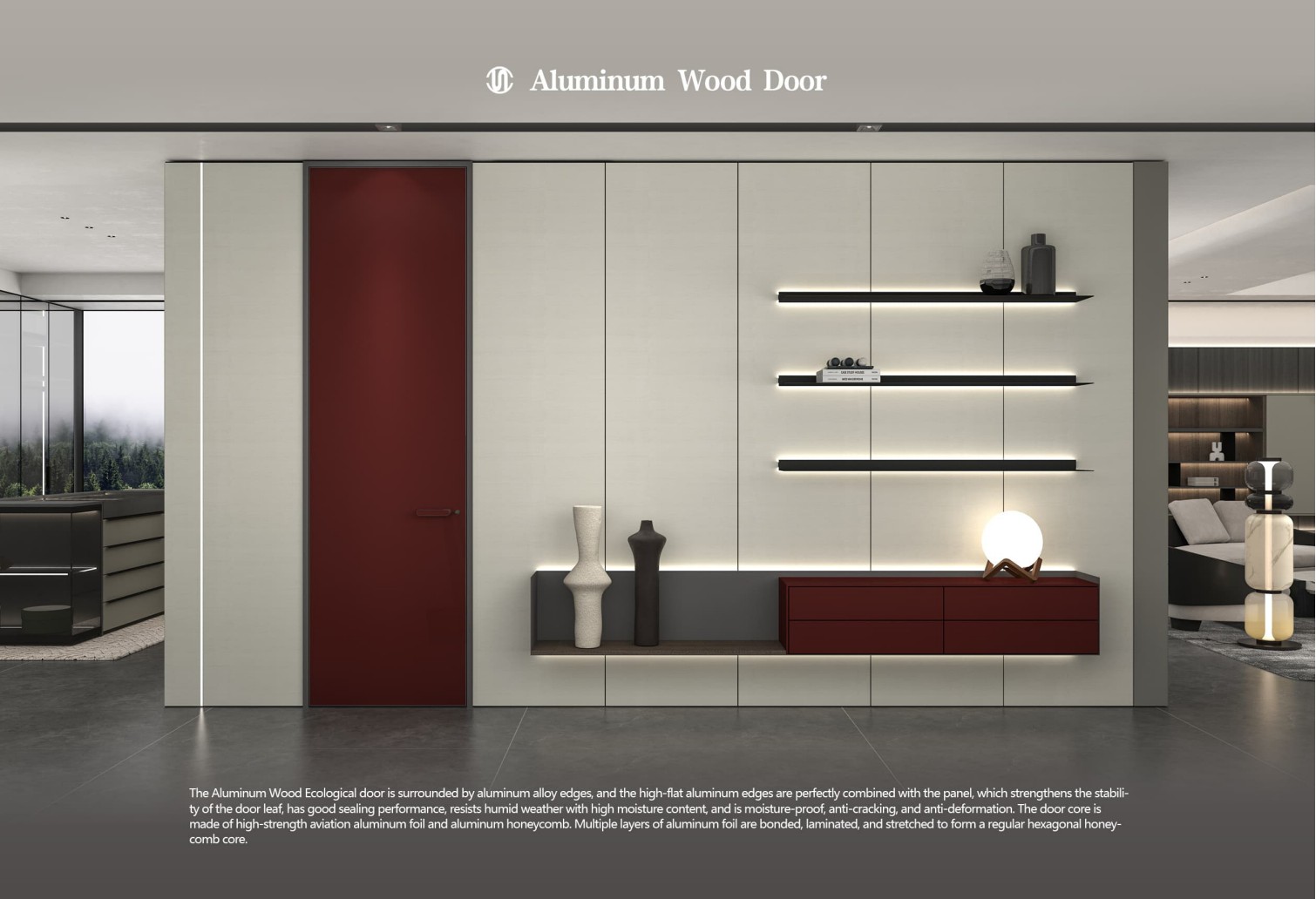 Aluminum-edge wood door in a contemporary red and timber interior