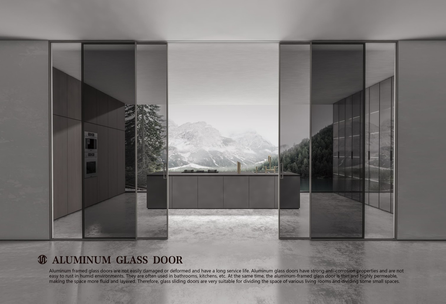 Slim aluminum-framed glass doors dividing a modern interior