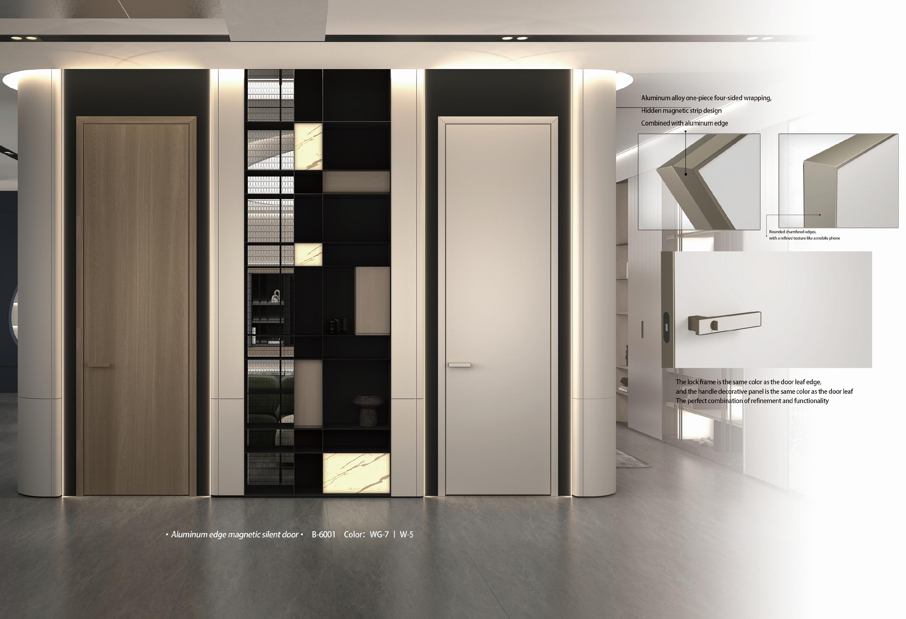 Catalogue page showing B-6001 aluminum-edge wood door with WG-7 and W-5 finish references
