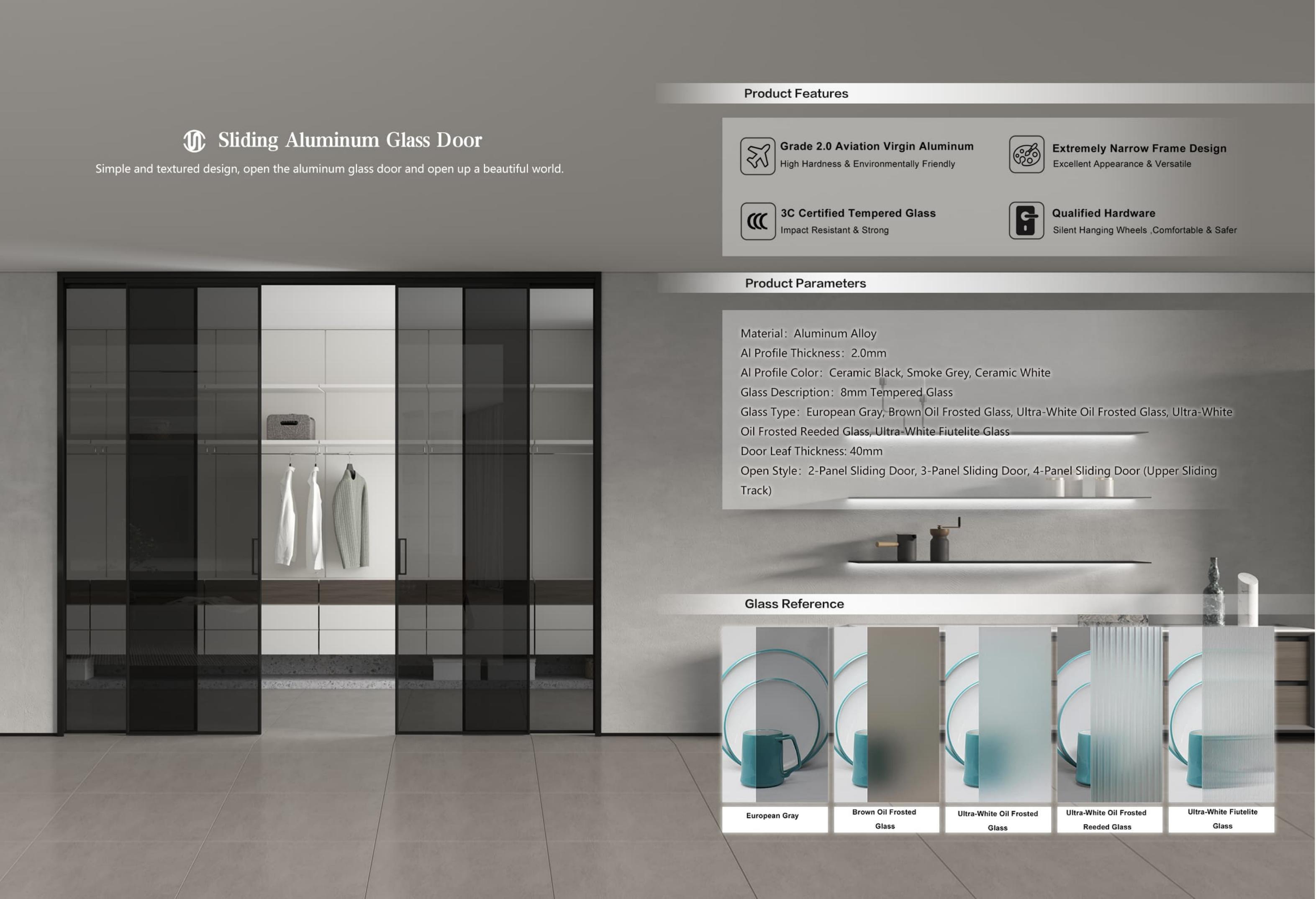 Catalogue page showing an upper-track sliding aluminum glass door and glass references