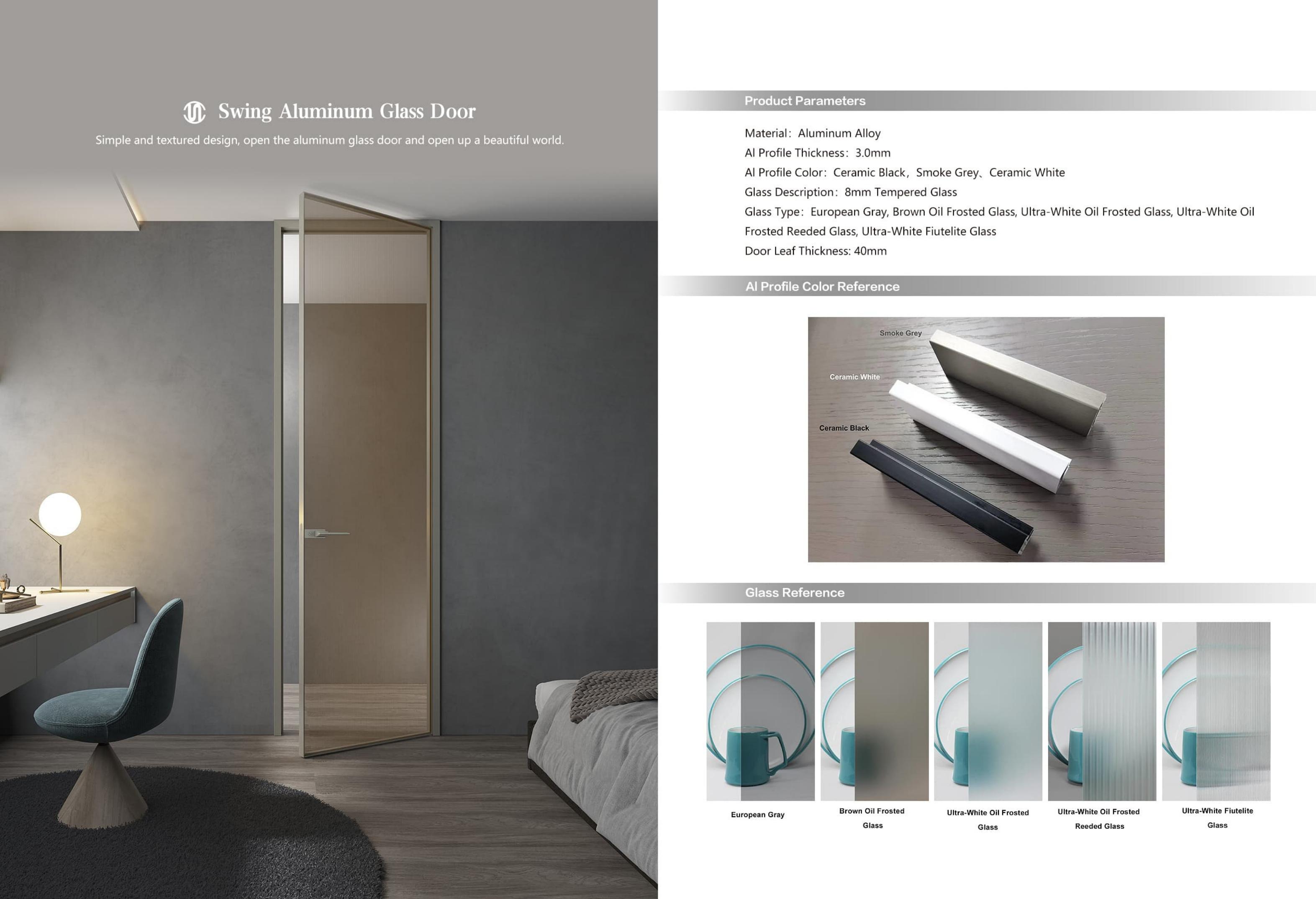 Catalogue page showing a swing aluminum glass door, profile colours and glass references