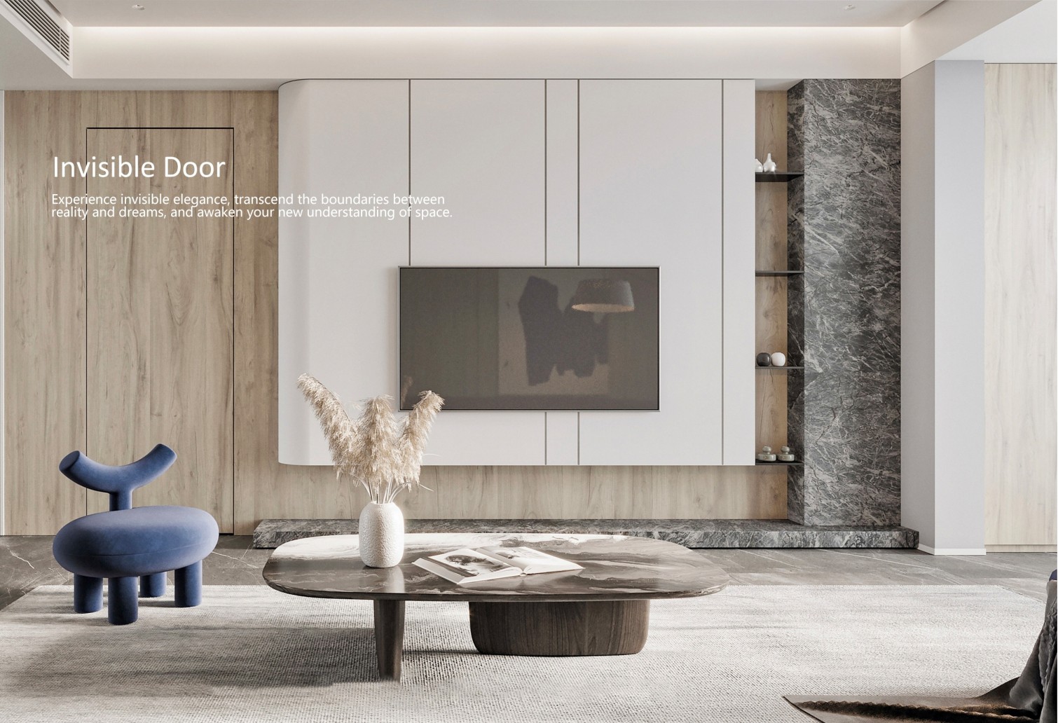 Invisible interior door integrated into a pale wood feature wall