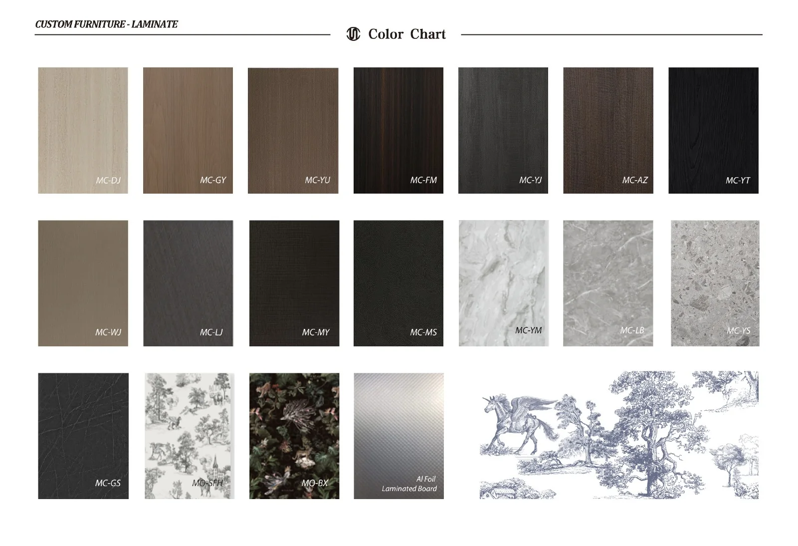 Kitchen cabinet laminate colour and wood-grain references shown on catalogue page 22