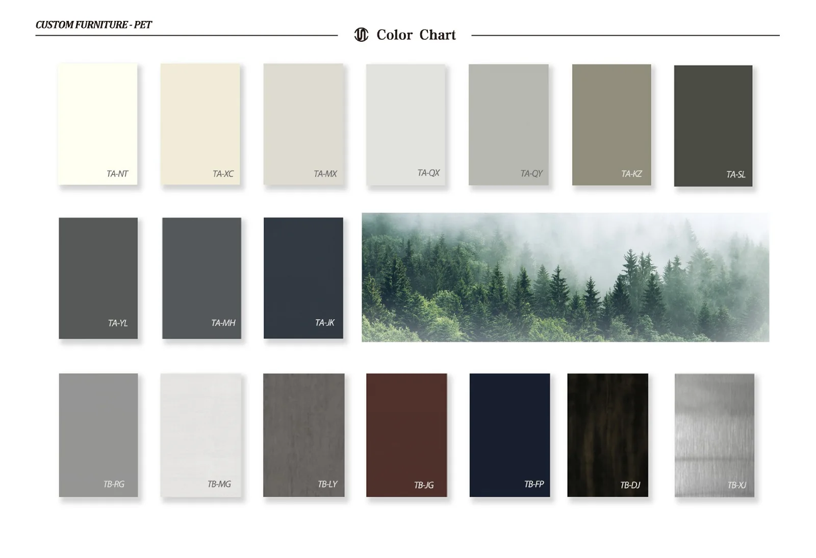 PET kitchen cabinet-front colour references in light, neutral and dark tones