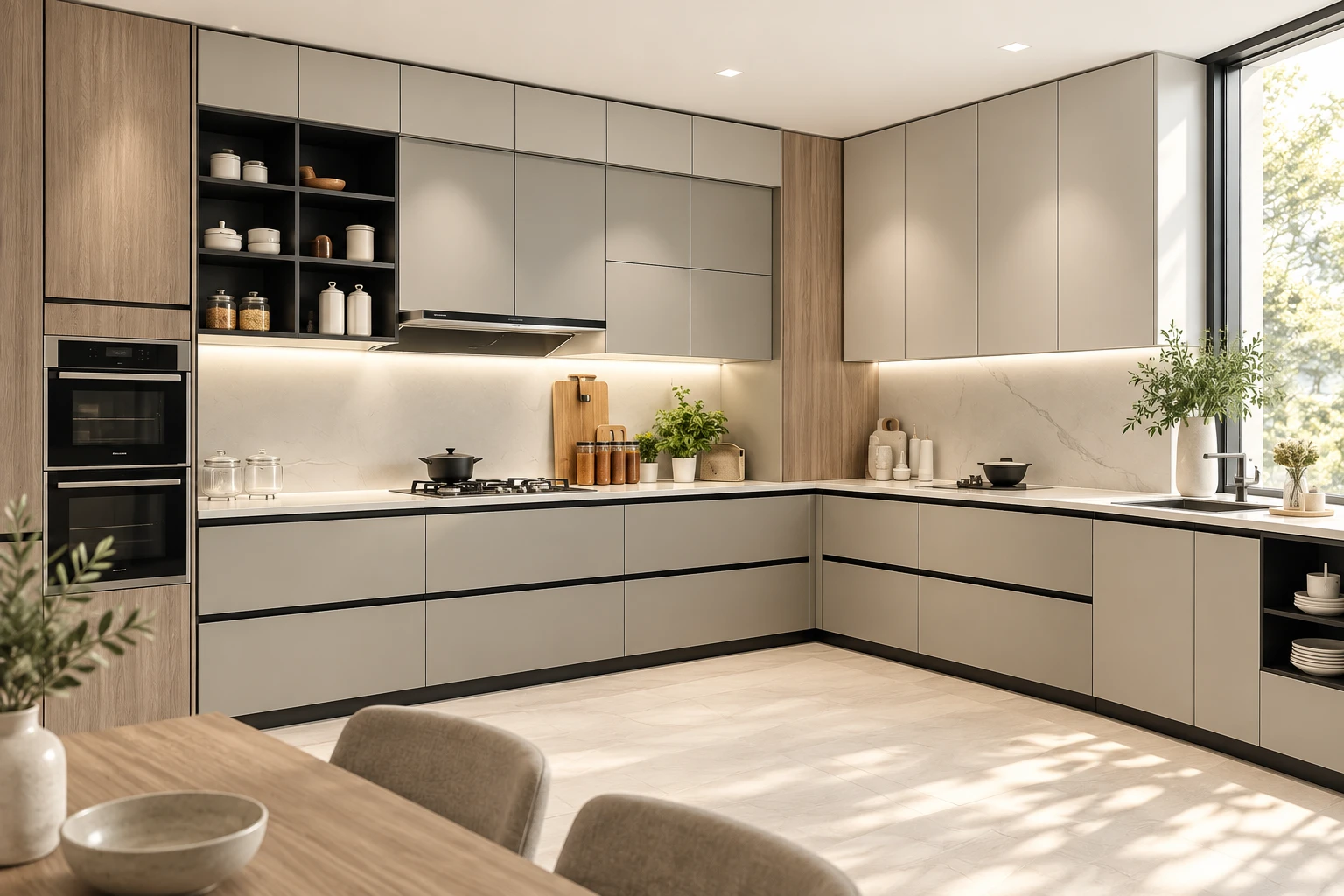 Contemporary custom kitchen with warm grey and pale oak cabinetry