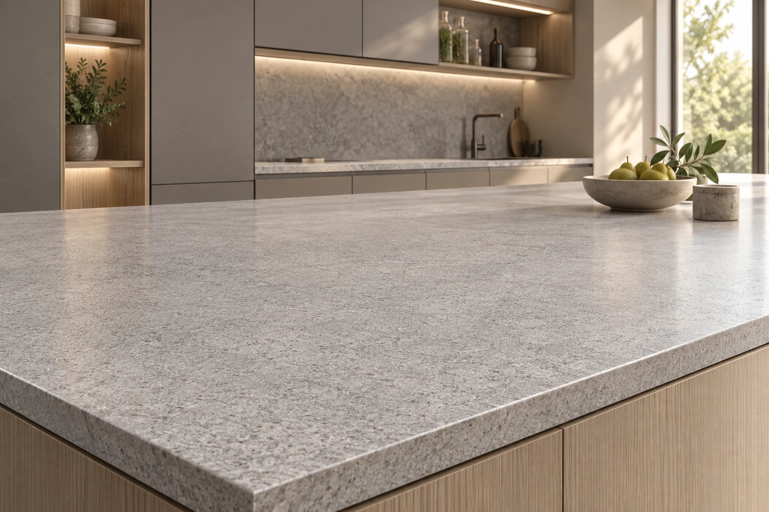 Light grey stone kitchen countertop with a clean finished edge