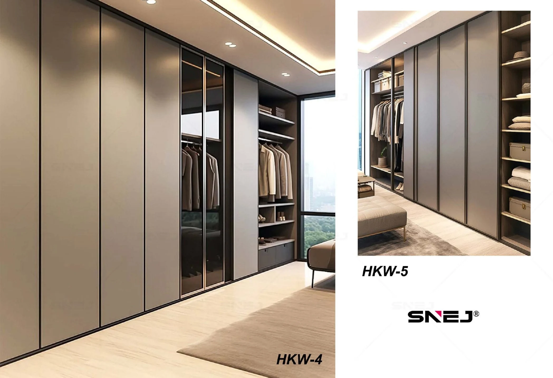 Wardrobe references HKW-2 and HKW-3 with glazed display and timber-look fronts