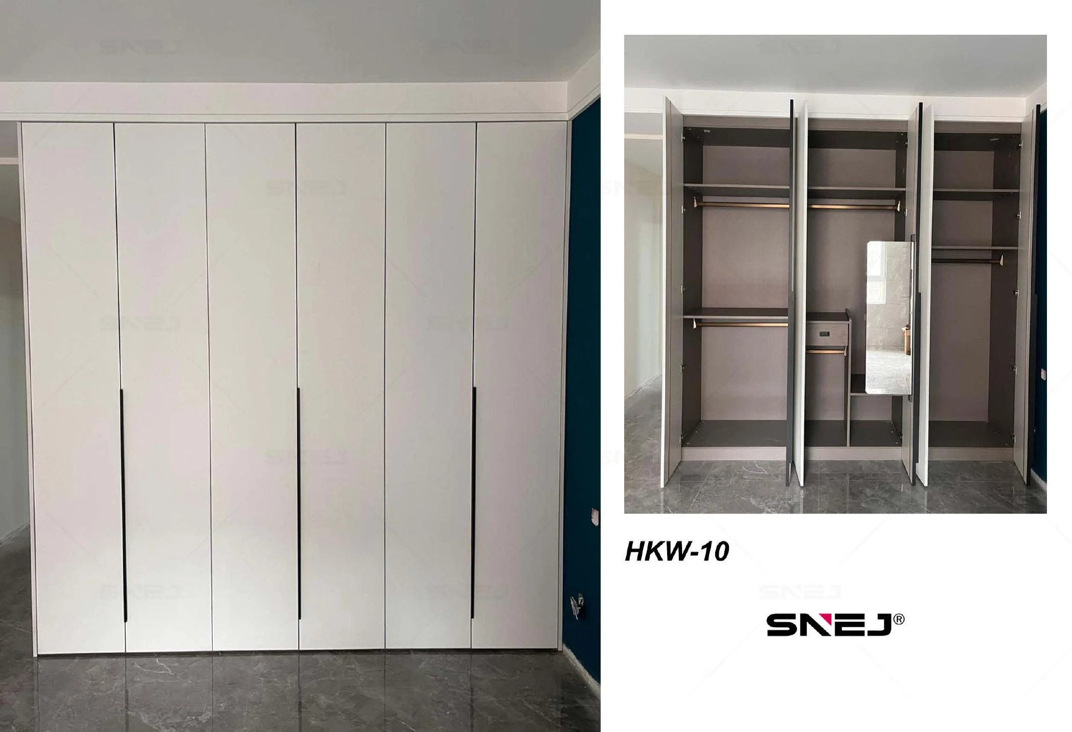 Wardrobe references HKW-8 to HKW-10 for fitted wall and corner layouts
