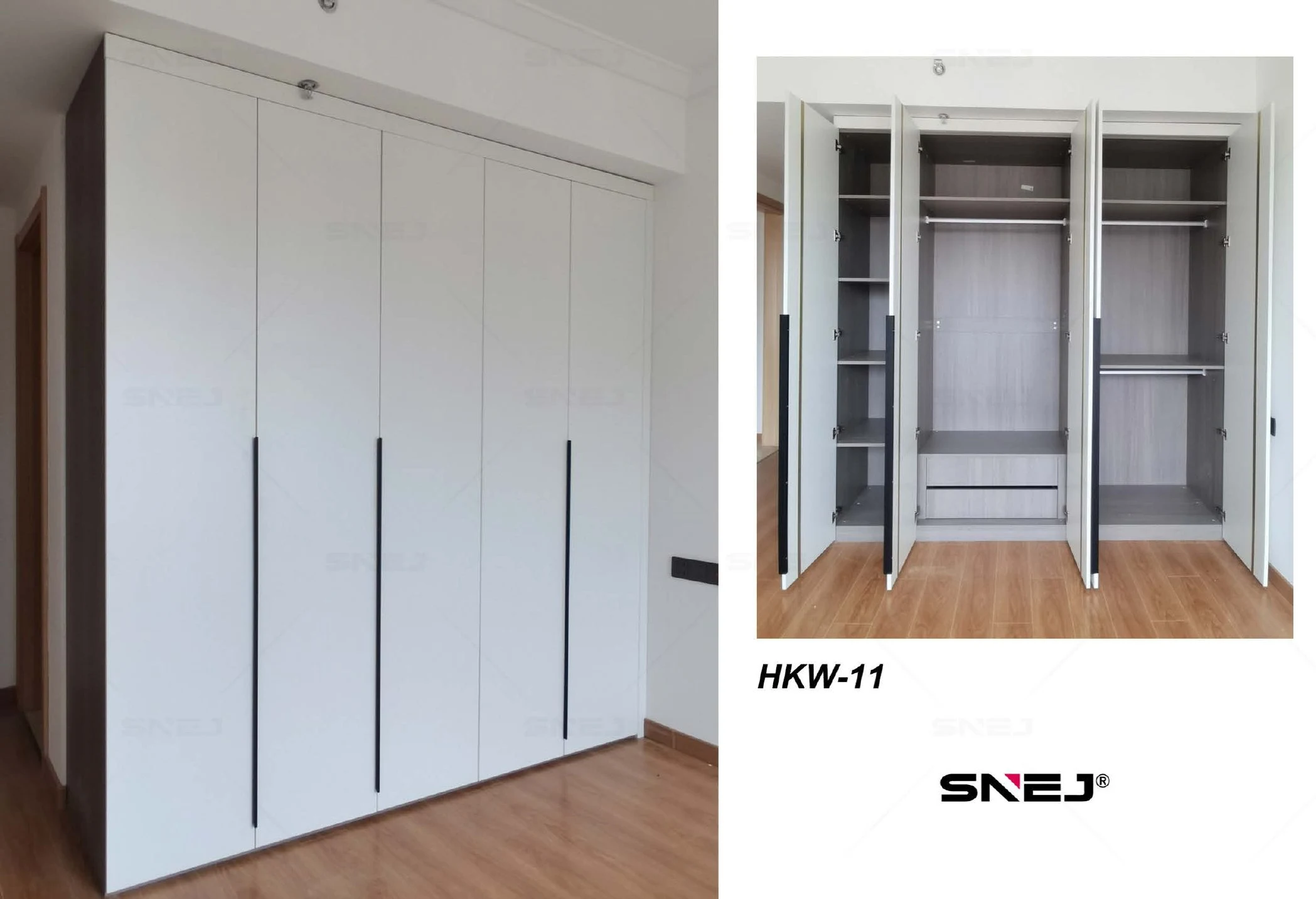 Walk-in wardrobe reference HKW-11 with illuminated shelving and drawers