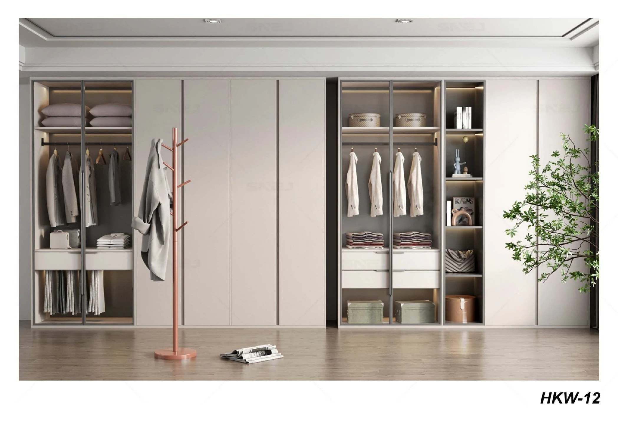 Fitted wardrobe reference HKW-12 with glass doors and open display bays