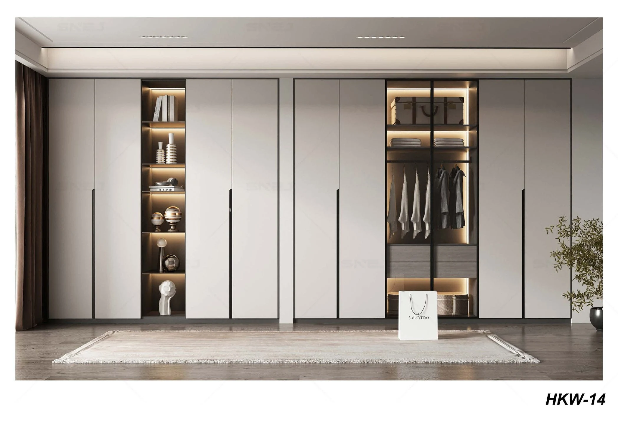 Wardrobe reference HKW-14 with warm wood finish and glass-front sections