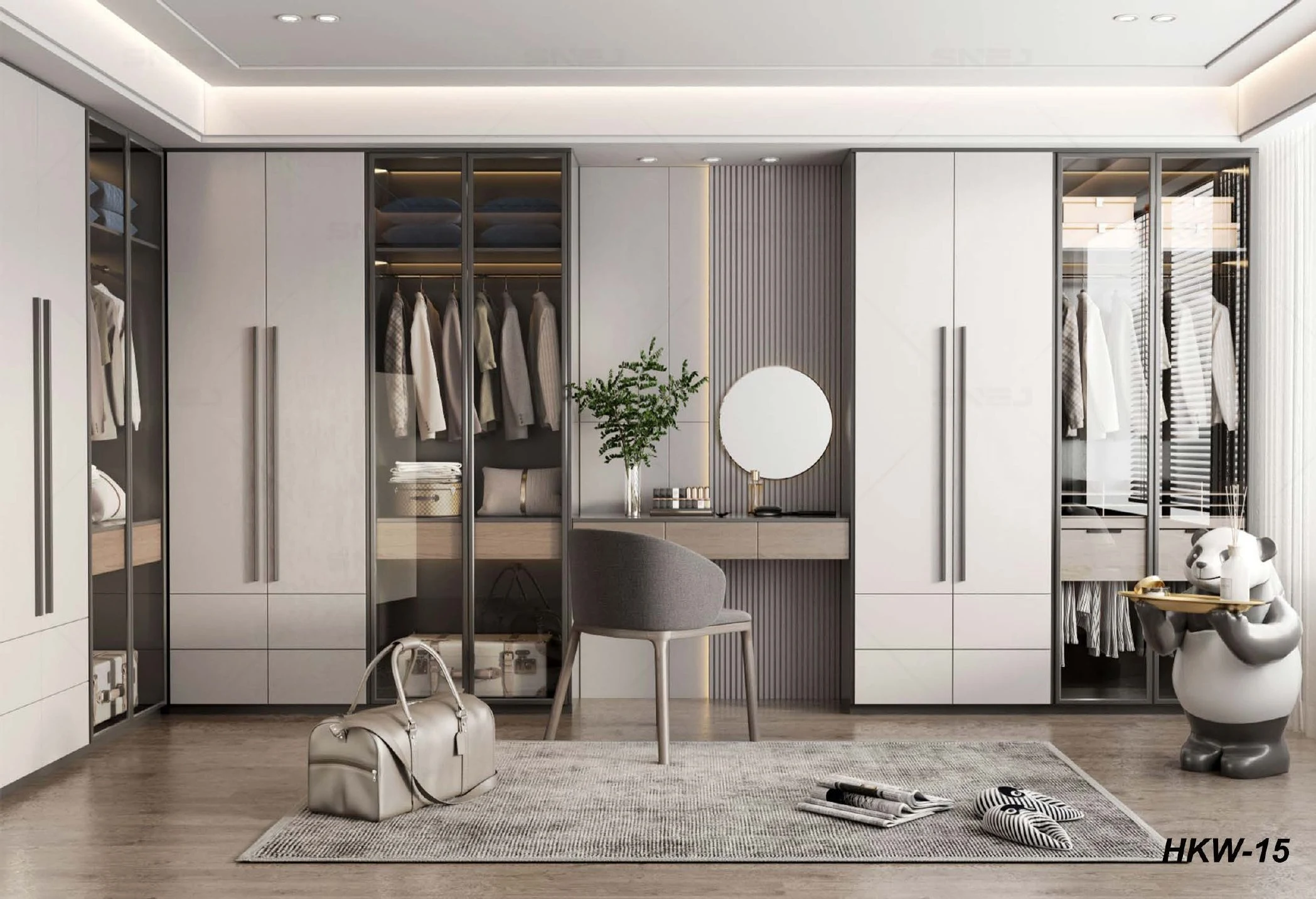 Walk-in wardrobe reference HKW-15 with open hanging and drawer storage
