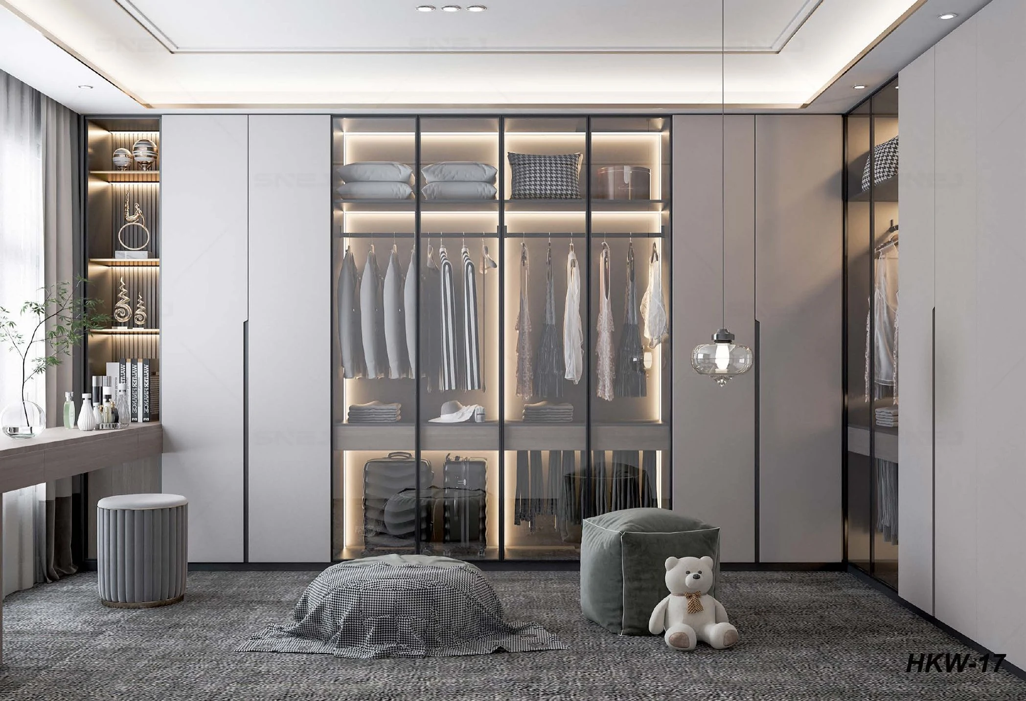 Contemporary walk-in wardrobe reference HKW-17 with illuminated oak shelving
