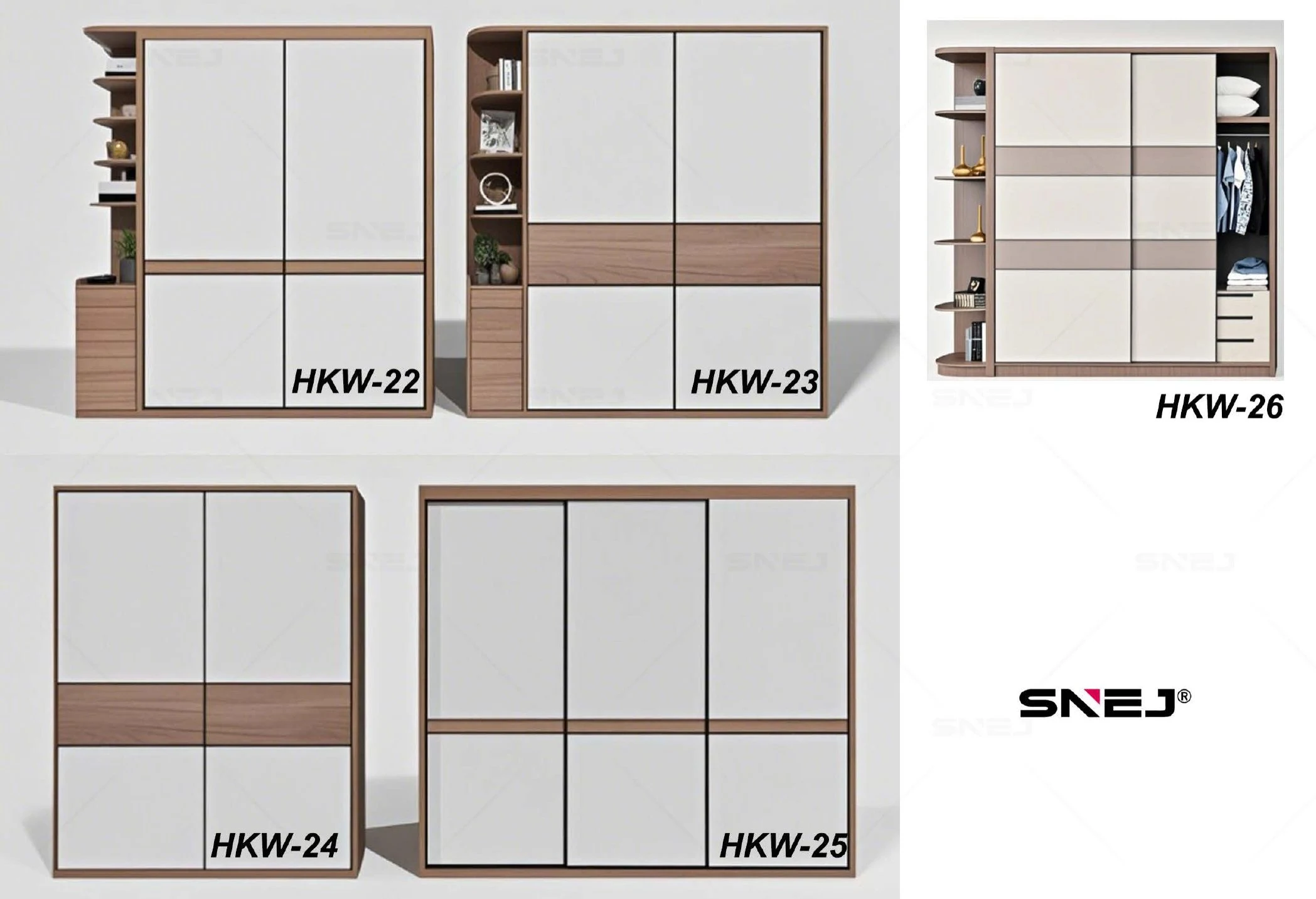 Wardrobe references HKW-22 to HKW-26 showing varied fitted-storage layouts