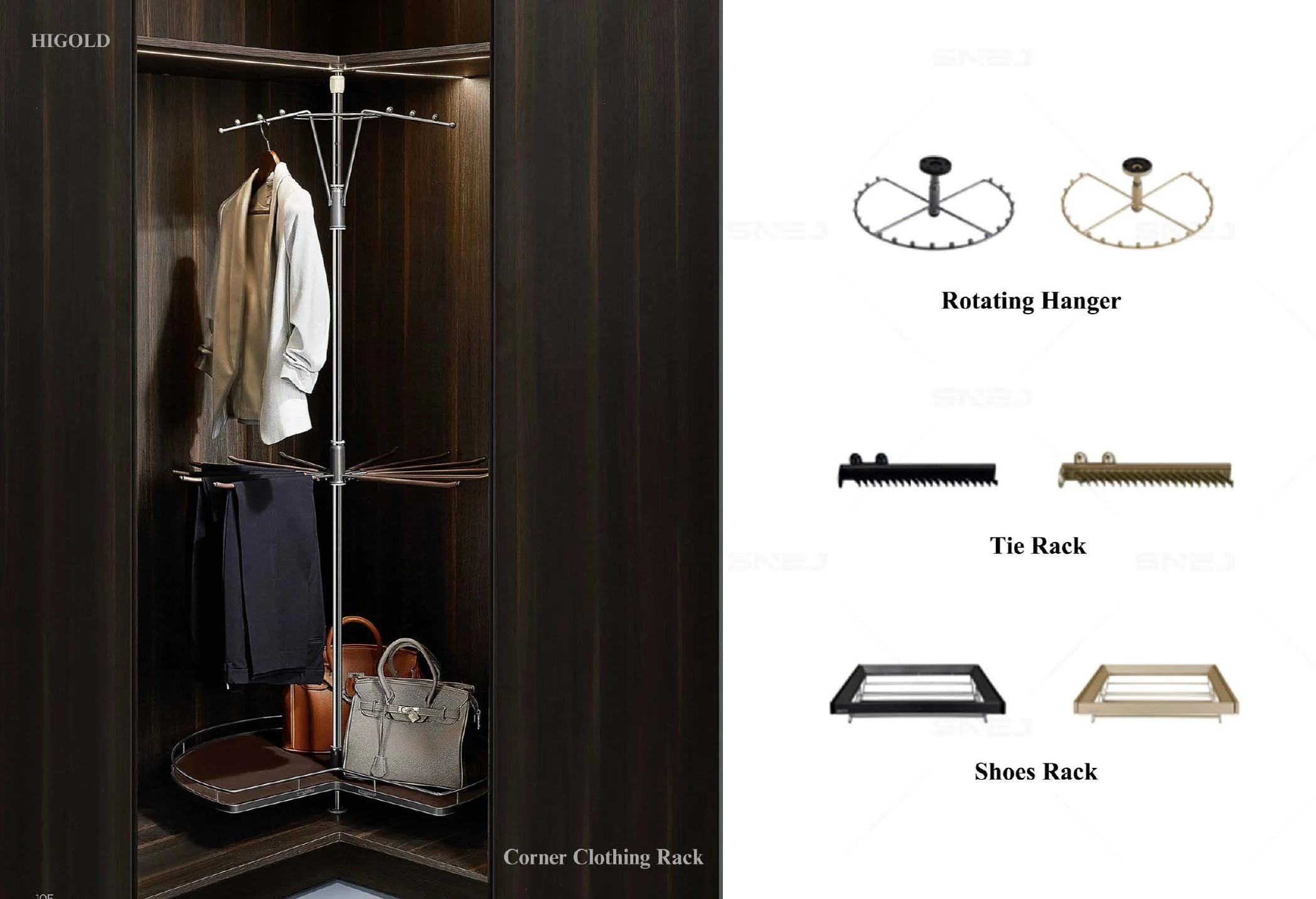 Corner clothing rack, rotating hanger, tie rack and shoe-rack references