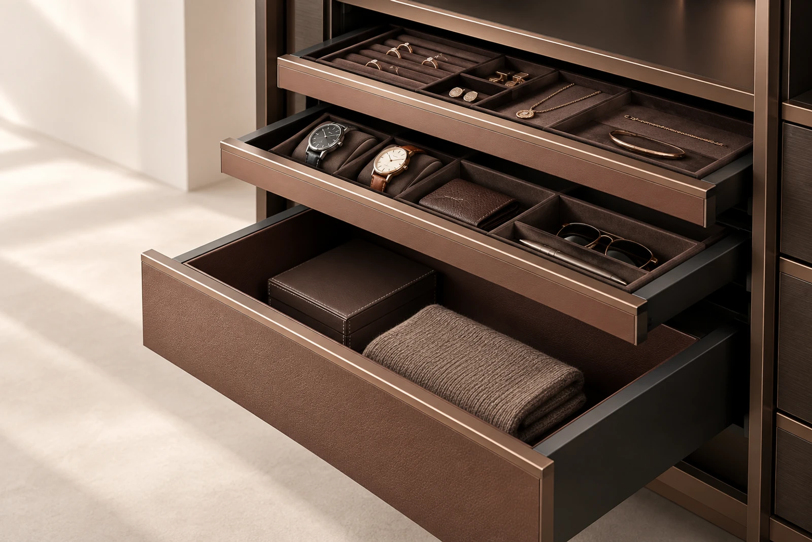 Warm metal wardrobe organizers with jewelry and accessory storage trays