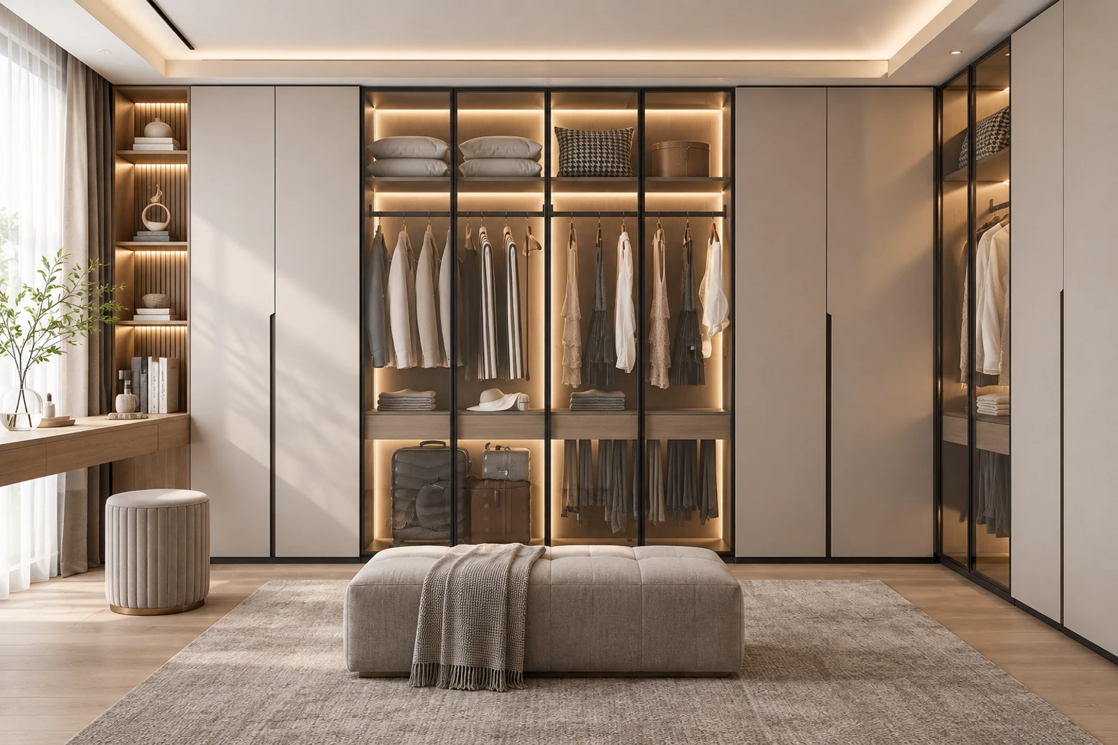 Contemporary walk-in wardrobe with illuminated oak shelving and fitted storage